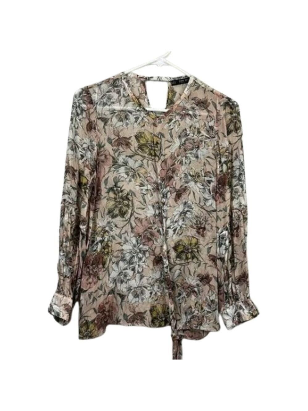 Pre-loved Zara Women's‎ Floral Nude Wrap Neutral Tie Blouse Size XS.